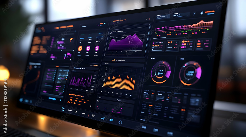 Poster a sleek dashboard displaying data visualizations and analytics metrics.