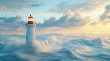 Lighthouse Guiding the Way at Sunset over Crashing Waves