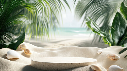 Obraz premium tropical background featuring sandy podium surrounded by lush palm leaves and seashells, evoking serene beach atmosphere