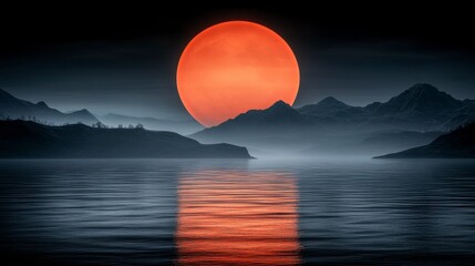 Retro futuristic landscape with sun in the sea and mountains, accented by neon lights. Soft blur and minimalist 3D rendering to evoke a feeling of nostalgia with a modern twist.