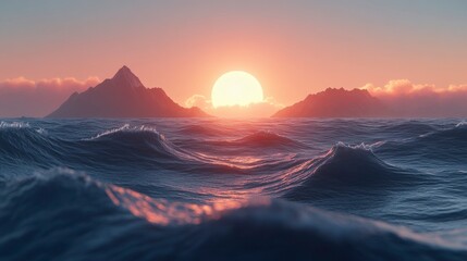 Minimalist futuristic retro landscape with neon sun setting on the sea and mountains. Soft blur and vibrant colors in 3D render create an evocative wave-like effect.