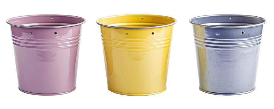 Purple, Yellow & Gray Buckets Isolated on PNG Transparent Background