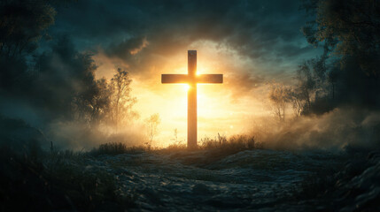 giant Christian cross stands majestically against magical sunset, surrounded by ethereal mist and trees, evoking sense of peace and spirituality