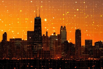 Stunning Sunset Over City Skyline with Digital Effects and Warm Orange Hues Creating a Vibrant Urban Atmosphere Ideal for Technology and City Lifestyle Themes