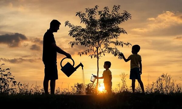 A silhouette of a parent watering a tree with children at sunset, symbolizing growth and care.