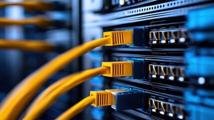 High-Tech Cyber Network Firewall Close-Up with Yellow Cables on Server for Digital Security and Data Protection Concepts