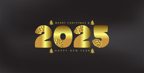 Merry Christmas and Happy New Year 2025 Gold Glitter Beautiful Bright And Shining Design And Black Background