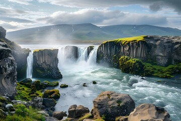 Go? degree afoss waterfall cascades gracefully along the river Skj??lfandaflj?^3t in Northern Iceland, framed by rugged volcanic rocks and surrounded by lush green landscapes.