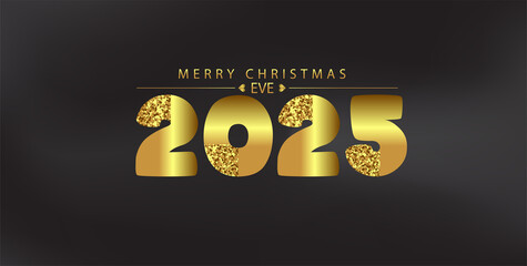 Naklejka premium Merry Christmas and Happy New Year 2025 Gold Glitter Beautiful Bright And Shining Design And Black Background