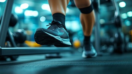 Fototapeta premium Athletes foot running on gym treadmill during workout