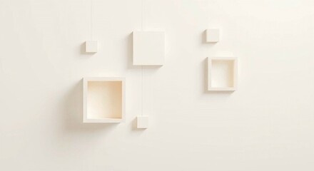 A modern abstract composition with floating squares and rectangles in soft beige and gray tones.