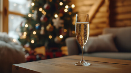 glass of champagne with bubbles sits on wooden table, surrounded by cozy holiday atmosphere with decorated Christmas tree in background. warm lights create festive mood
