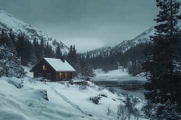 Fototapeta premium Secluded Winter Cabin by Frozen Lake in Snowy Mountains
