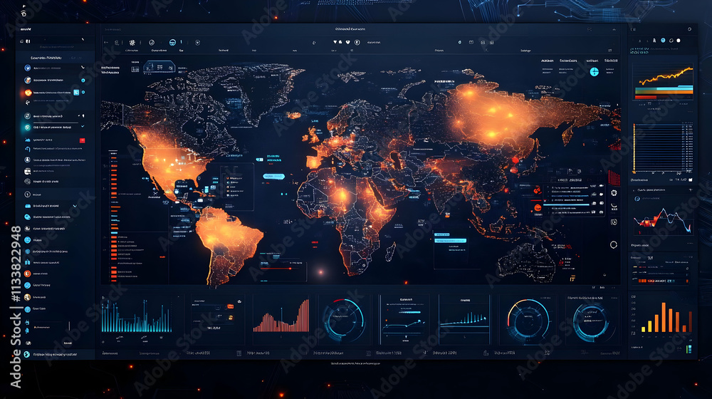 Poster a digital dashboard displaying global data visualizations and analytics.
