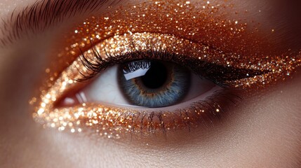 A close-up of an eye adorned with shimmering orange glitter makeup.