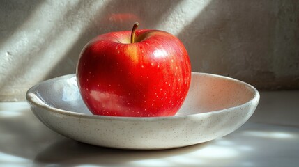 Fresh and Vibrant Red Apple on a Smooth Ceramic Plate Illuminated by Soft Natural Light in a Minimalist Setting