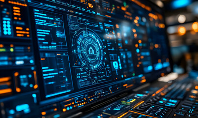 Obraz premium A futuristic computer interface displaying data and analytics in vibrant colors.