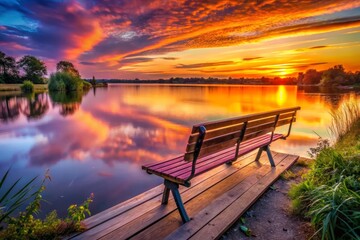 Obraz premium Stunning River Bench View: Serene Landscape Photography, Peaceful Nature Scene, Calm Waters, Picturesque Riverbank