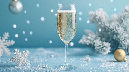 festive champagne glass filled with sparkling drink, surrounded by winter decorations, creating joyful holiday atmosphere