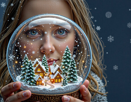Young woman with joyful expression holding a snow globe featuring winter scene with trees and houses