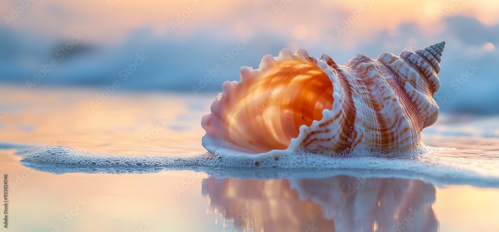 Poster Seashell on shore at sunset with gentle wave foam.