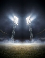 Night stadium lights illuminate empty field, creating a dramatic and atmospheric scene.