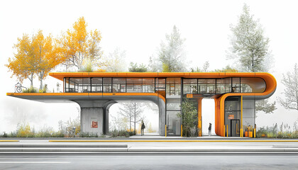 Obraz premium A modern transport hub featuring an orange and gray design with greenery and bike parking.