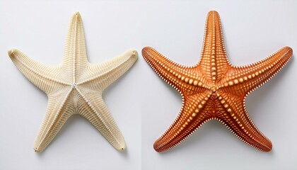 Two starfish, one light and one dark orange, against a white background.