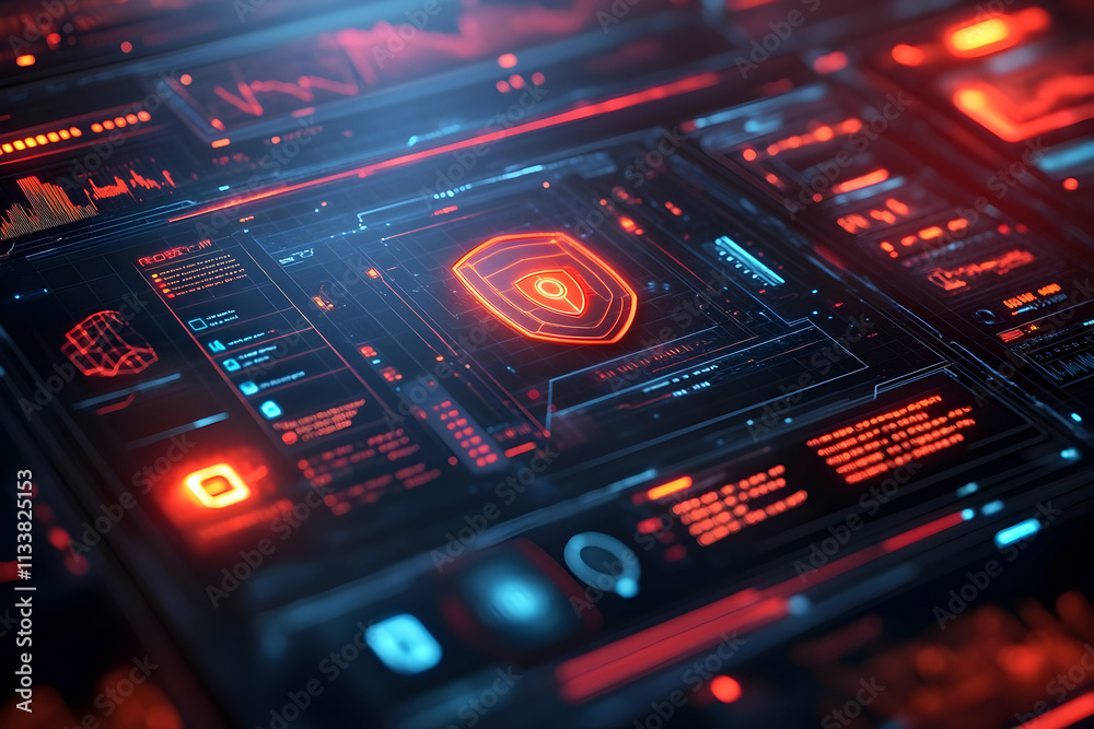Poster futuristic digital interface with security features and data analytics.