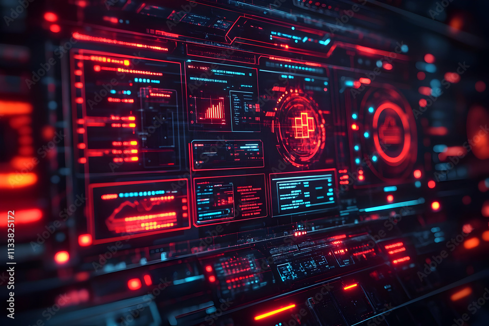Poster a futuristic digital interface displaying data analytics and system monitoring in red tones.