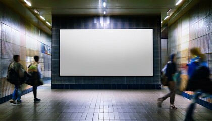 Blank billboard in a subway passageway with blurred people walking by.