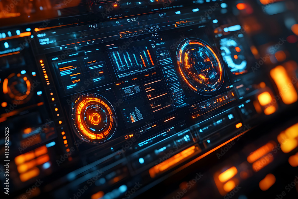 Poster futuristic dashboard displaying data analytics with glowing elements.