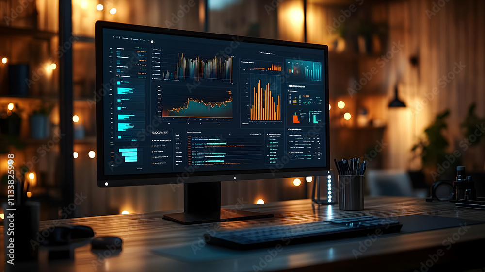 Poster a modern workspace featuring a computer displaying data analytics and visualizations.