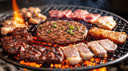 Grilled meats on barbecue grill, showcasing various cuts and textures, create mouthwatering scene perfect for outdoor gatherings