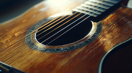 Obraz premium A guitar with a wooden body and a black headstock