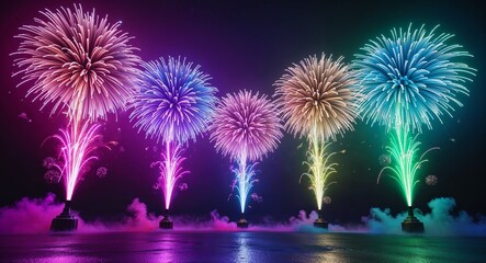 Launching synchronized colorchanging firework effects that transition through vibrant blues purples and greens