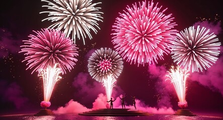 Launching unique combinations of pink and white fireworks to create a romantic and joyful atmosphere