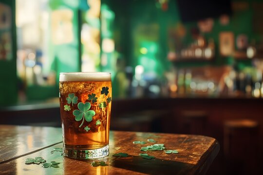 A pub bar with a pint glass filled to the brim and surrounded by four-leaf clovers, centered on a wooden table. St. Patrick's Day celebration