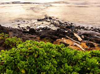Cloudy Sunrise Over The Pacific Ocean  From Kaikea Point, Kauai, Hawaii, USA