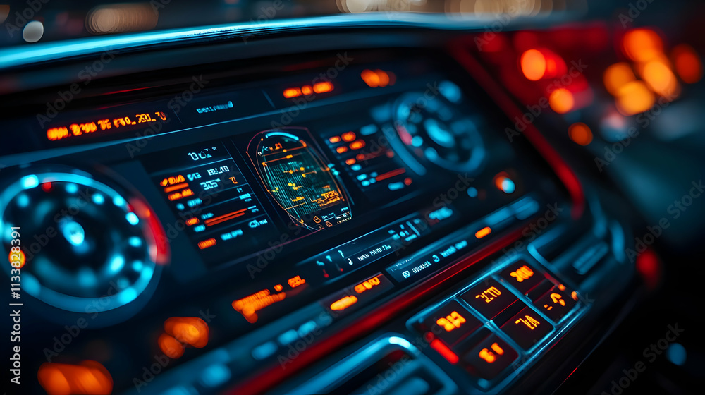 Poster a close-up view of a modern car dashboard with illuminated controls and displays.