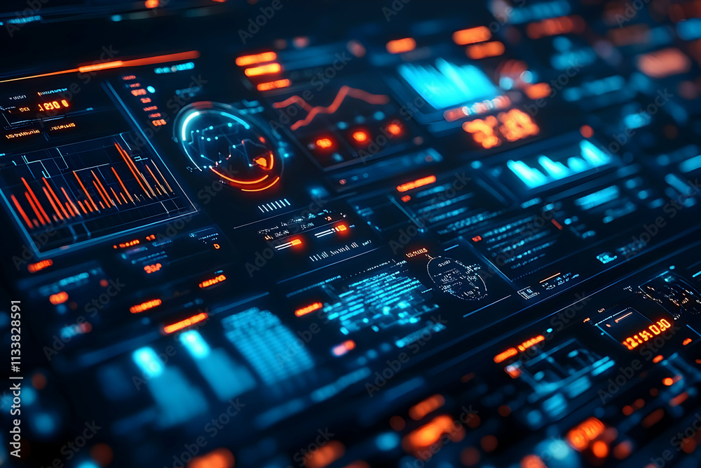 Poster a futuristic digital interface displaying data analytics and visualizations.