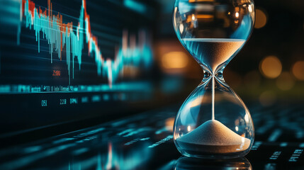 An elegant hourglass, symbolizing the passage of time and the accumulation of wealth. The background include financial papers or stock market graphs.