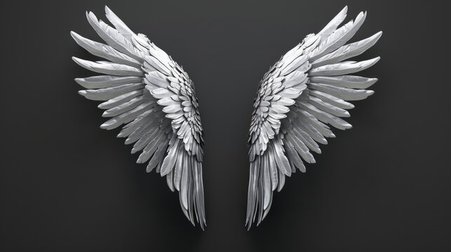 3D silver wings right and left, on a plain black background3D silver wings right and left, on a plain black background