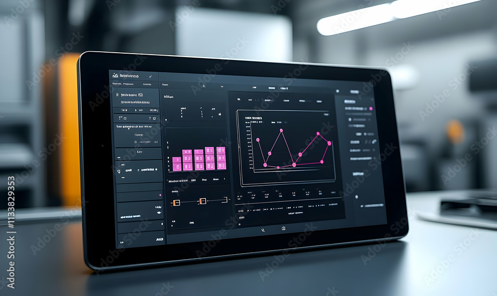 Poster a tablet displaying data visualizations and analytics in a modern workspace.