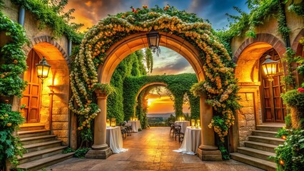 Stunning Wedding Venue Entrance: Grand Archway,  Worm's Eye View Photography, Romantic Garden Setting, Lush Greenery, Dreamy Lighting