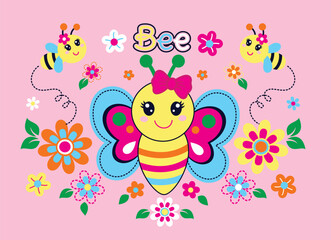 Adorable bee vector illustration loving sweet honey and vibrant flowers in a cheerful and whimsical nature scene 