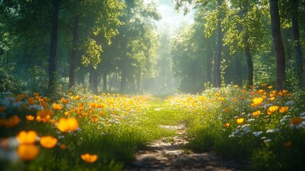 Obraz premium a path in the middle of the forest with flowers and grass