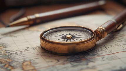 Vintage compass on antique map with pen. © Bejo Studio