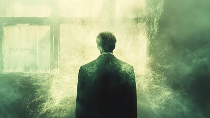 Obraz premium Mysterious Man in Foggy Room: A Surreal and Evocative Image