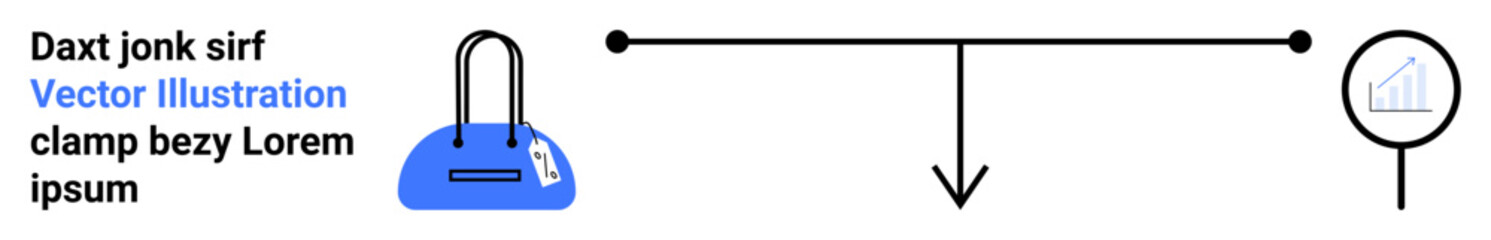 Analysis timeline with horizontal line, downward arrow, magnifier showing upward graph, blue bag, and Lorem Ipsum placeholder text. Ideal for business, data analysis, research, project planning